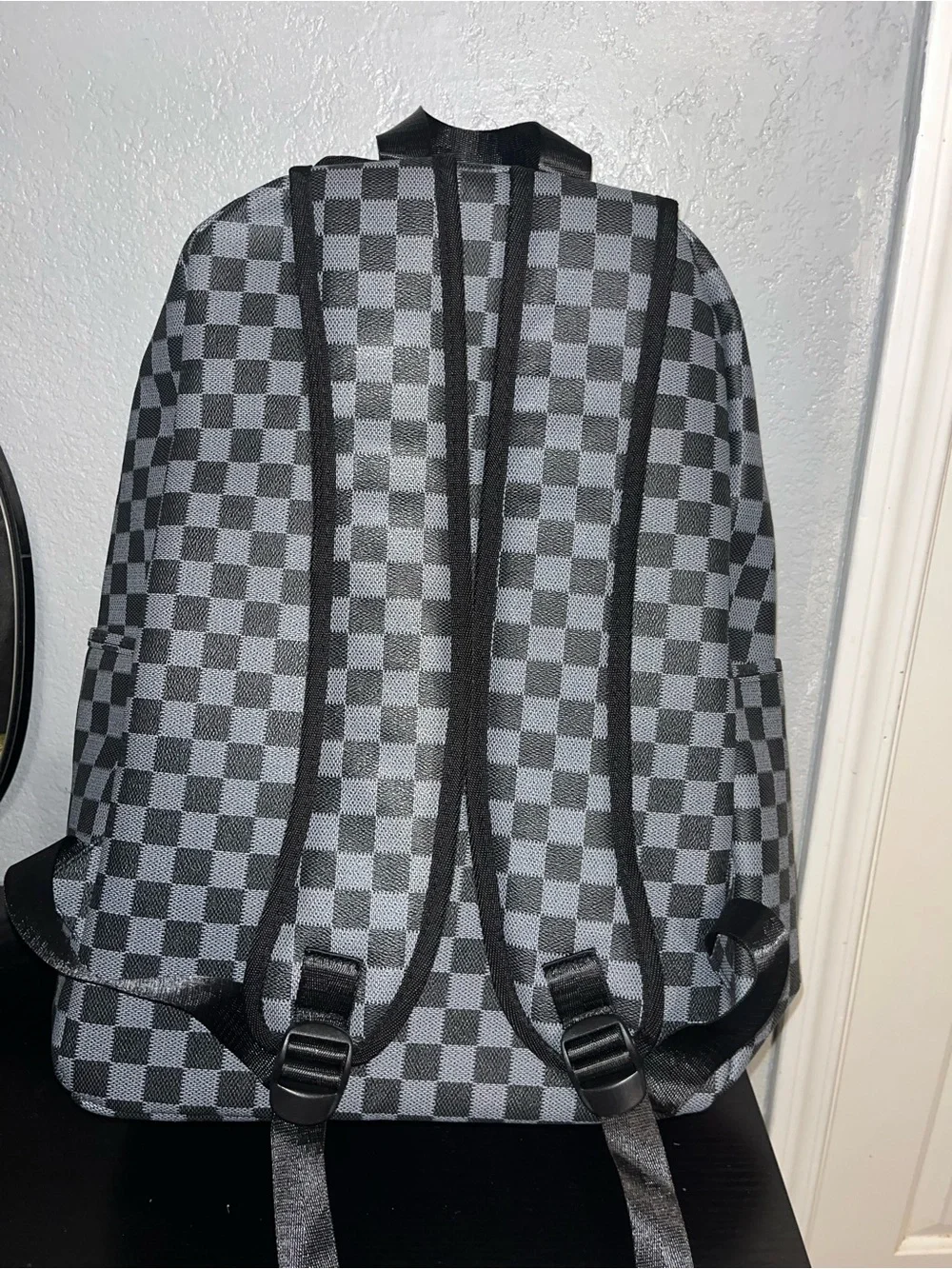 Gray Checkerboard Shark-Print Men's Backpack - Red & Black Accent